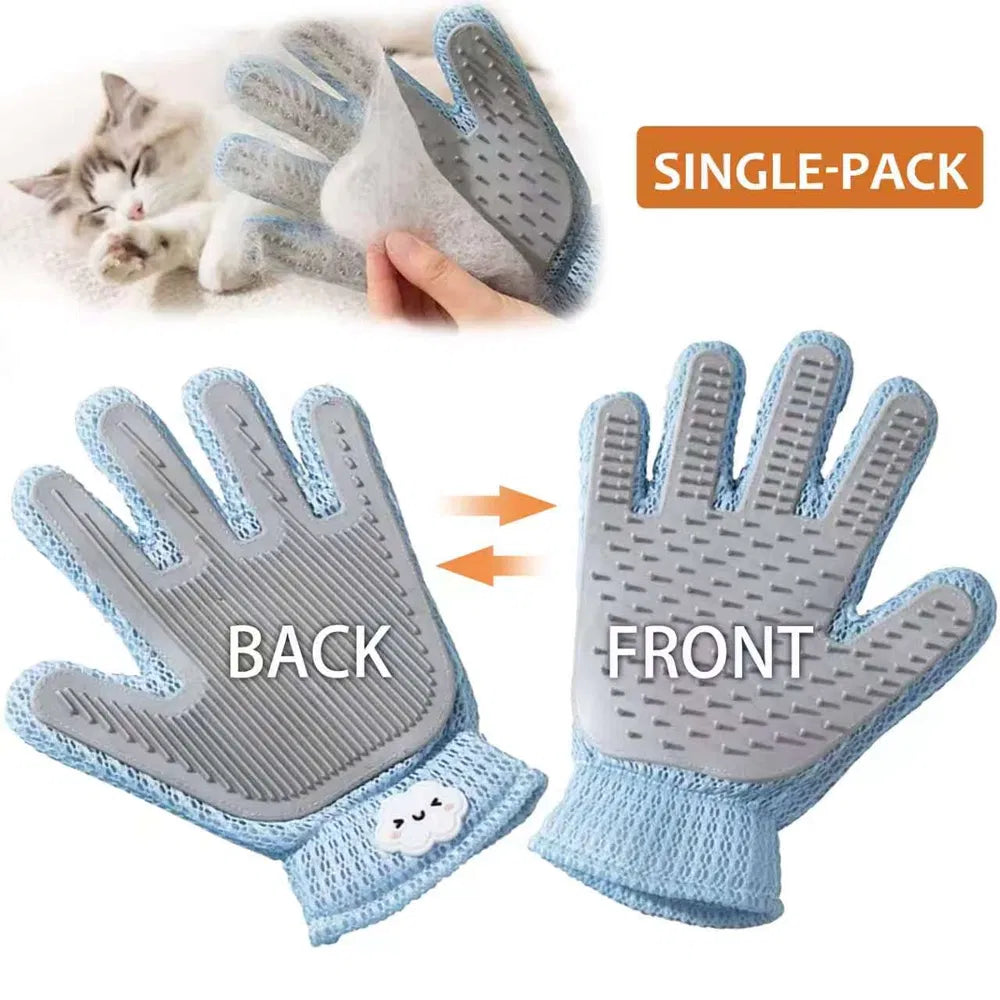 Pet grooming glove collecting loose dog fur — hair removal close-up