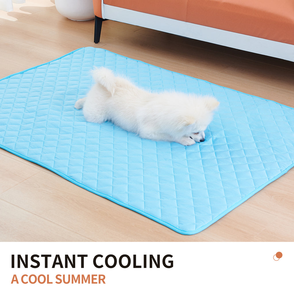 Self-cooling dog mat in blue — pressure-activated gel cooling pad for pets
