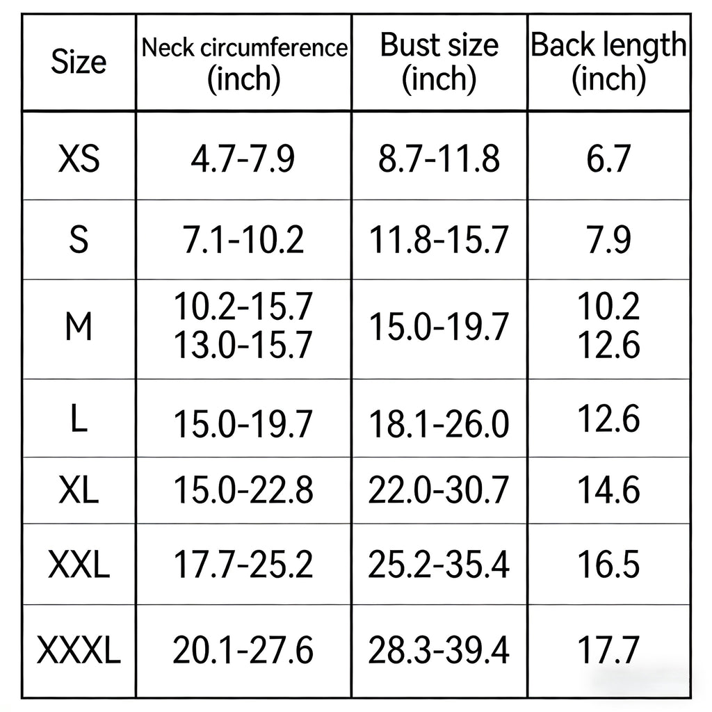 Dog Anxiety Relief Vest — size chart showing XS to XXXL measurements in inches
