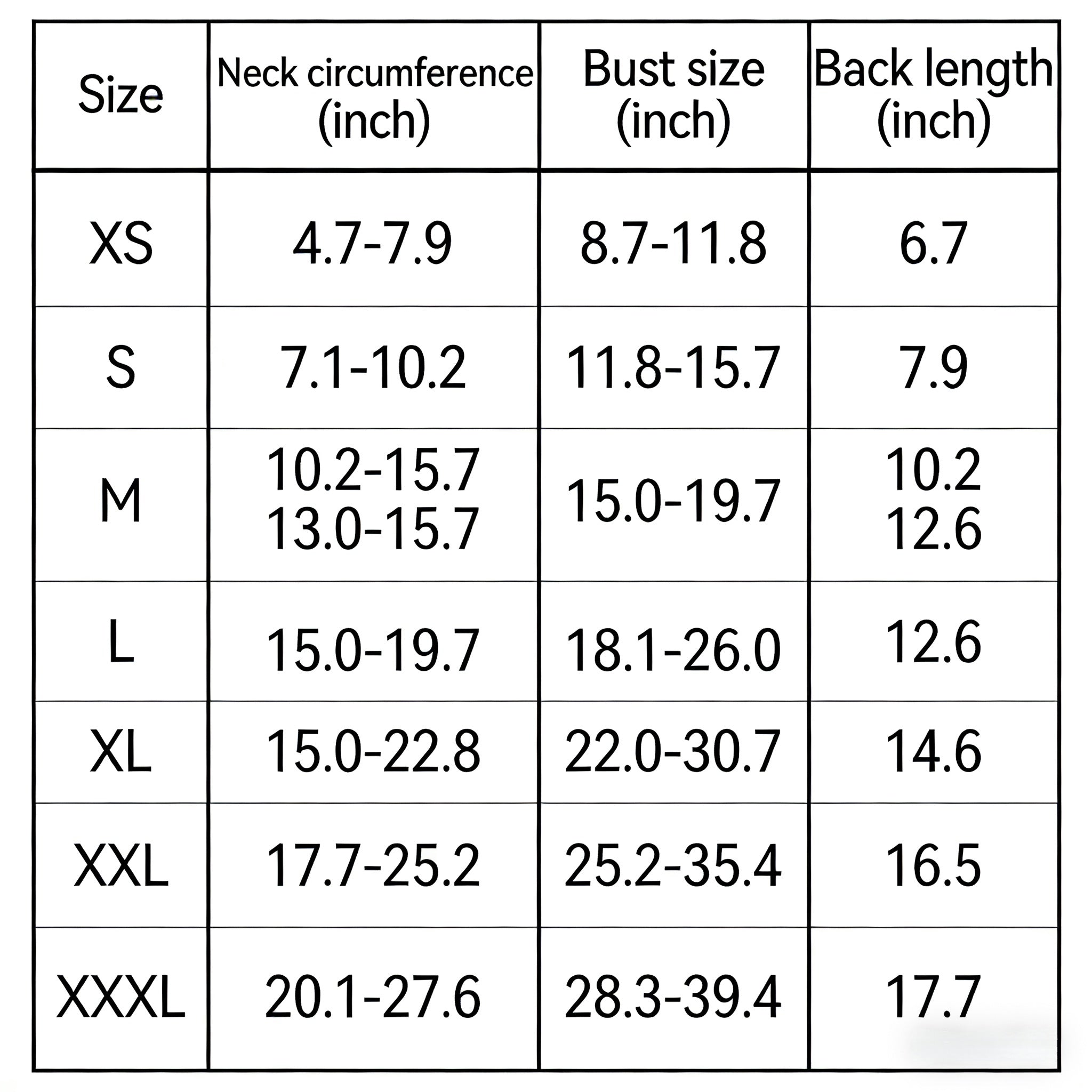 Dog Anxiety Relief Vest — size chart showing XS to XXXL measurements in inches