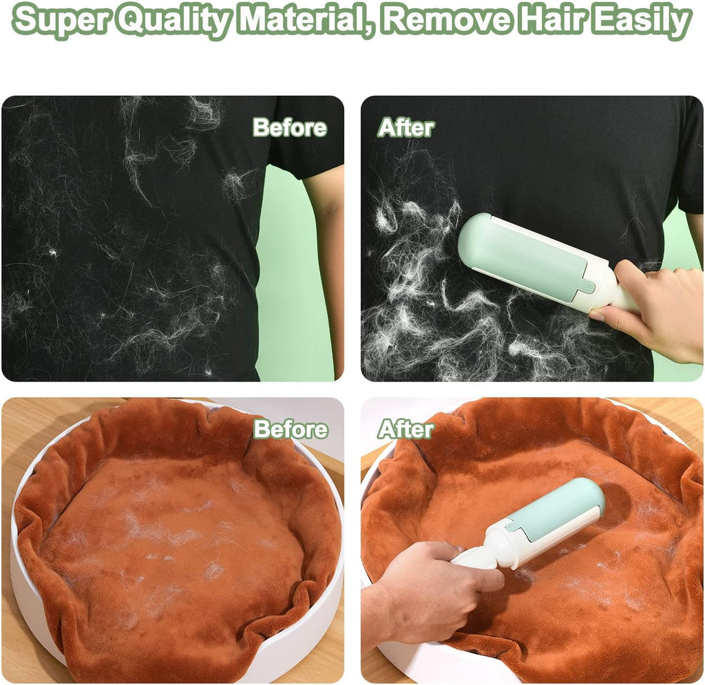 Pet hair remover roller on car seat — portable fur removal tool