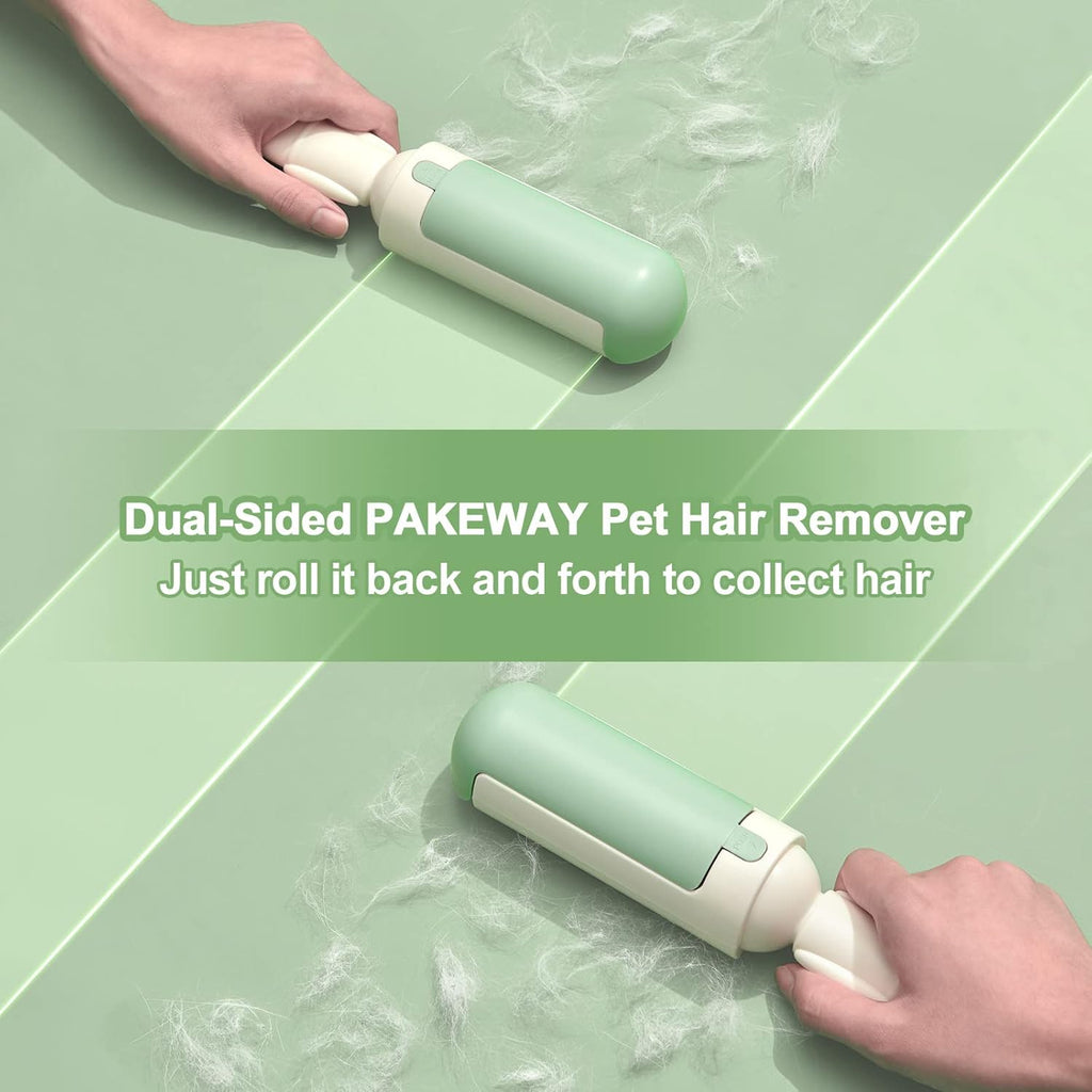 Pet hair roller picking up cat fur from bedding — reusable lint roller