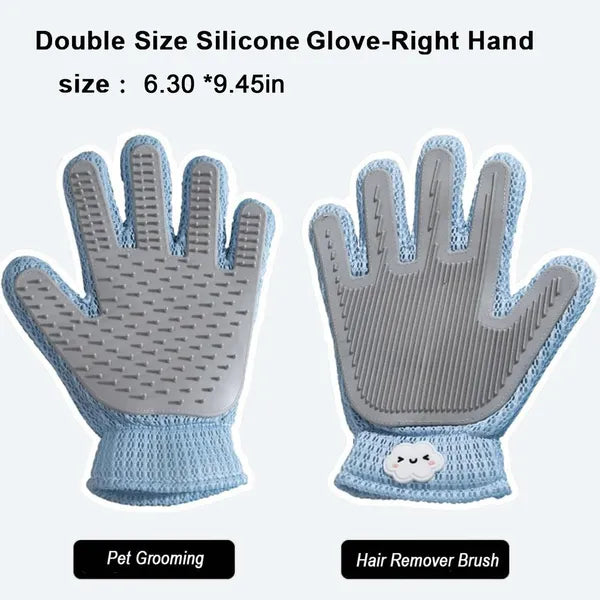 Pet grooming glove in use — fur collected on silicone tips