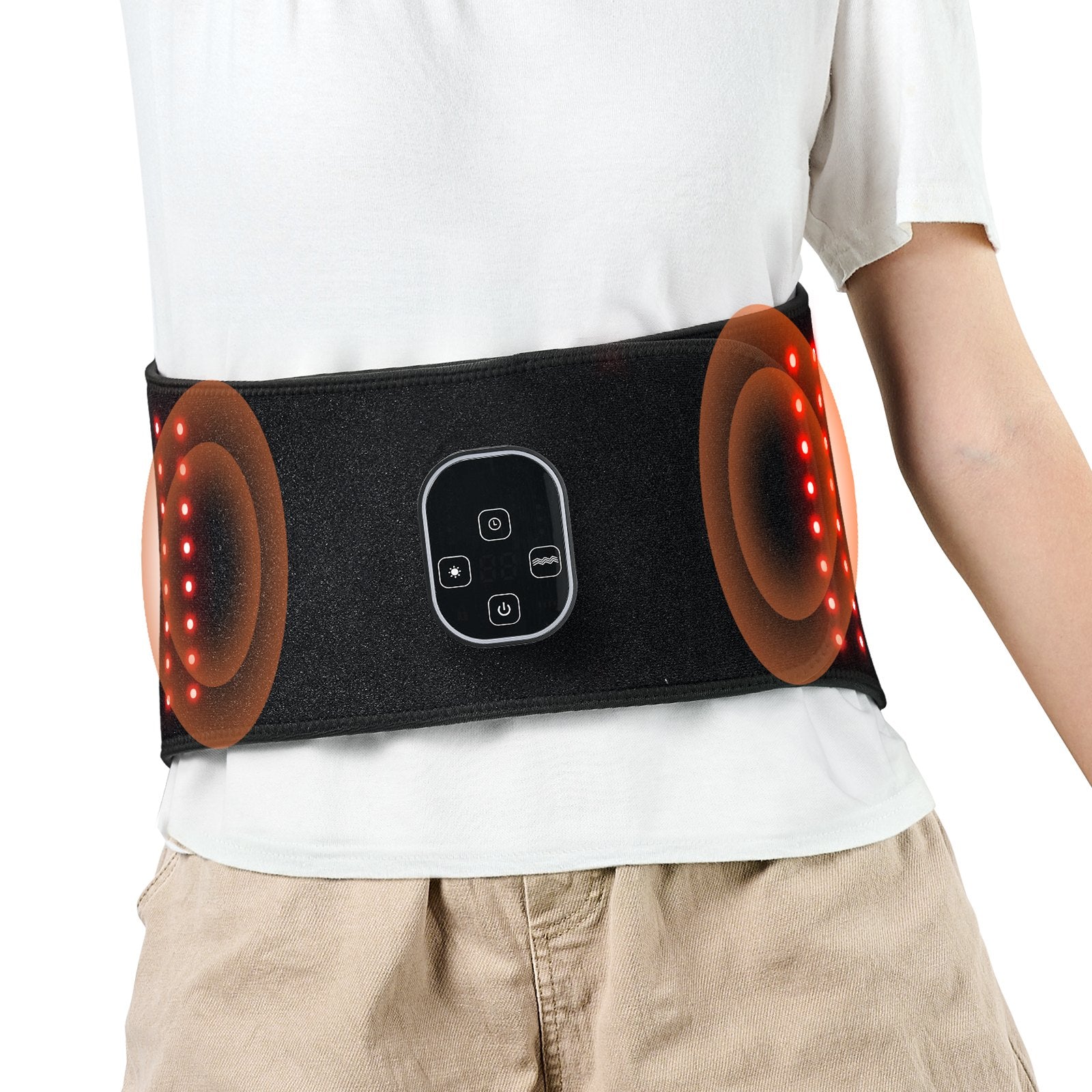Red Light Therapy Belt — flexible wrap worn around lower back, showing LED panel